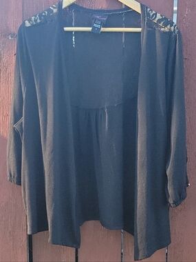 Torrid Black Open Front Cardigan with Lace Trim and Jewel Cuff